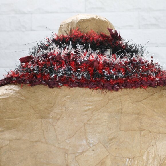 HAND CRAFTED Scarf Upcycled Crochet Infinity Oversize Eyelash Necktie Red Stripe - Picture 4 of 12